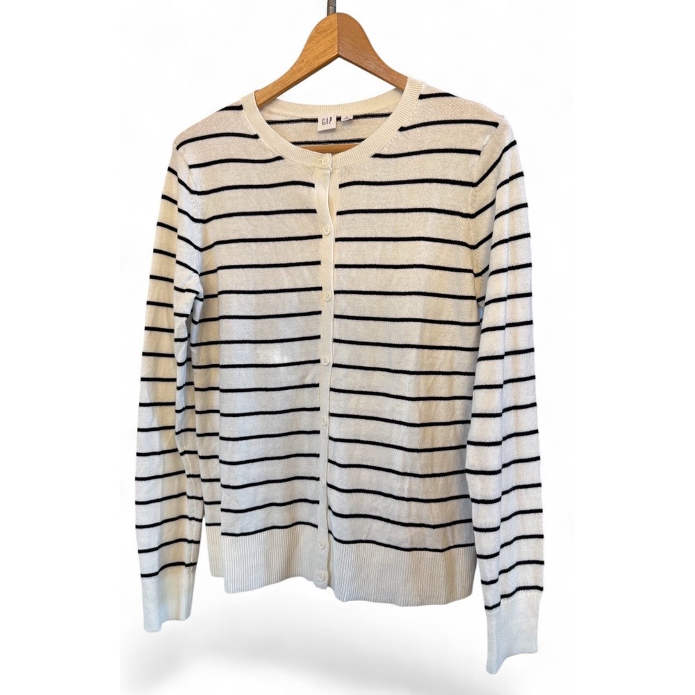 Gap Classic White w/ Navy Stripes Button Front Cardigan Cotton Sweater Casual M